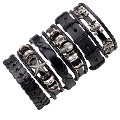 6PCS/SET BLACK WRISTBAND GENUINE LEATHER CHARM BRACELET MEN JEWELRY PUNK WRAP BRAIDED LEATHER BRACELET