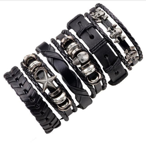 6PCS/SET BLACK WRISTBAND GENUINE LEATHER CHARM BRACELET MEN JEWELRY PUNK WRAP BRAIDED LEATHER BRACELET