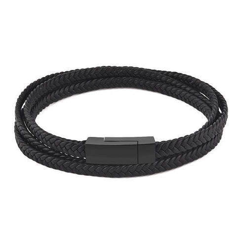 Black Genuine Leather Bracelet Men Black Stainless Steel Clasp Multi Layer Braid Rope Chain Wristband Vintage