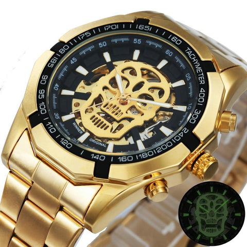 Golden Skeleton Mechanical Watch Men Stainless Steel Strap Luxury